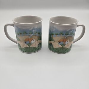 Vintage Set Of 2 Sunny 21143 Korea Coffee Tea Mugs Country Cottage Farmhouse